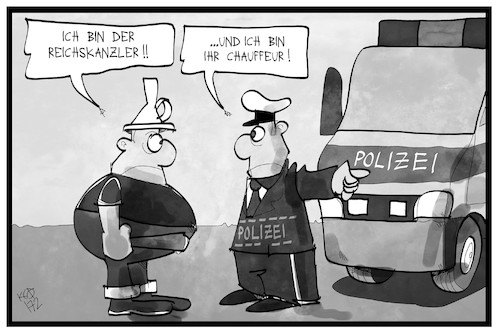 Cartoon: Reichsbürger-Razzia (medium) by Kostas Koufogiorgos tagged karikatur,koufogiorgos,illustration,cartoon,reichsbürger,razzia,polizei,polizist,aluhut,verschwörung,reichskanzler,wagen,verhaftung,festnahme,deutschland,brd,leugner,karikatur,koufogiorgos,illustration,cartoon,reichsbürger,razzia,polizei,polizist,aluhut,verschwörung,reichskanzler,wagen,verhaftung,festnahme,deutschland,brd,leugner