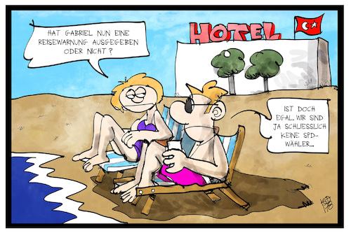 Cartoon: Reisewarnung Türkei (medium) by Kostas Koufogiorgos tagged karikatur,koufogiorgos,illustration,cartoon,tuerkei,urlaub,ferien,reise,reisewarnung,gabriel,spd,hotel,strand,meer,karikatur,koufogiorgos,illustration,cartoon,tuerkei,urlaub,ferien,reise,reisewarnung,gabriel,spd,hotel,strand,meer