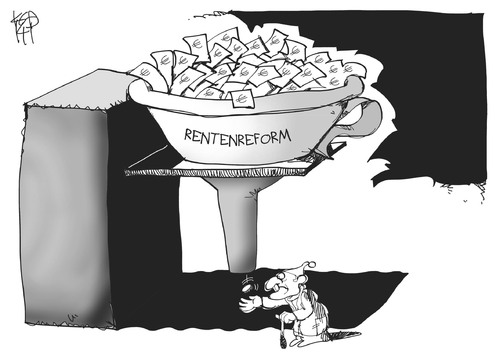 Cartoon: Rentenreform (medium) by Kostas Koufogiorgos tagged rentenreform,rentner,altersarmut,rente,geld,trichter,politik,arbeit,ruhestand,illustration,karikatur,cartoon,koufogiorgos,rentenreform,rentner,altersarmut,rente,geld,trichter,politik,arbeit,ruhestand,illustration,karikatur,cartoon,koufogiorgos