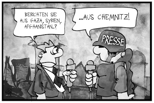 Cartoon: Report aus Chemnitz (medium) by Kostas Koufogiorgos tagged karikatur,koufogiorgos,illustration,cartoon,presse,kriegsreporter,pressefreiheit,demo,medien,journalist,gefahr,arbeit,risiko,karikatur,koufogiorgos,illustration,cartoon,presse,kriegsreporter,pressefreiheit,demo,medien,journalist,gefahr,arbeit,risiko