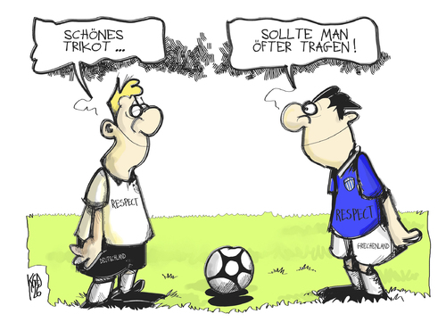 Cartoon: Respect (medium) by Kostas Koufogiorgos tagged griechenland,deutschland,fussball,em,europa,meisterschaft,soccer,championship,match,rsspect,greece,germany,euro,danzig,fußball,em 2012,euro 2012,viertelfinale,deutschland,griechenland,merkel,em,2012,euro