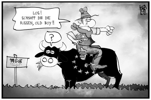 Cartoon: Richtung im Ukraine-Konflikt (medium) by Kostas Koufogiorgos tagged karikatur,koufogiorgos,illustration,cartoon,ukraine,konflikt,krieg,krise,usa,eu,europa,stier,cowboy,russland,russen,strategie,führung,politik,karikatur,koufogiorgos,illustration,cartoon,ukraine,konflikt,krieg,krise,usa,eu,europa,stier,cowboy,russland,russen,strategie,führung,politik