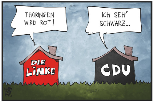 Cartoon: Rot und Schwarz (medium) by Kostas Koufogiorgos tagged karikatur,koufogiorgos,illustration,cartoon,thüringen,rot,schwarz,linke,cdu,partei,politik,regierung,haus,karikatur,koufogiorgos,illustration,cartoon,thüringen,rot,schwarz,linke,cdu,partei,politik,regierung,haus