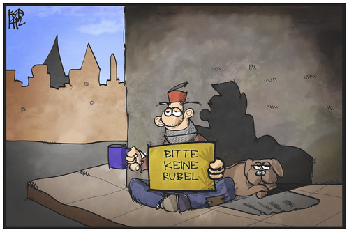 Cartoon: Rubel-Verfall (medium) by Kostas Koufogiorgos tagged karikatur,koufogiorgos,illustration,cartoon,rubel,währung,russland,bettler,hund,armut,geld,wirtschaft,karikatur,koufogiorgos,illustration,cartoon,rubel,währung,russland,bettler,hund,armut,geld,wirtschaft