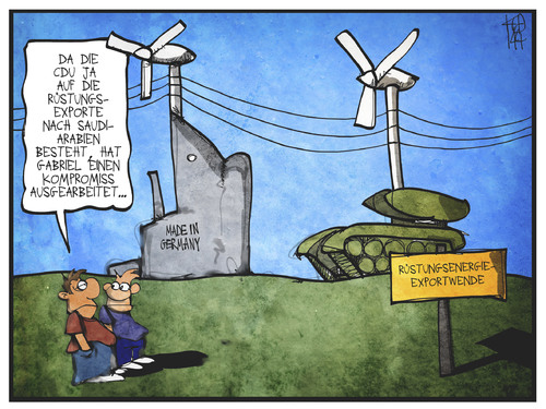 Cartoon: Rüstungsenergieexportwende (medium) by Kostas Koufogiorgos tagged karikatur,koufogiorgos,cartoon,illustration,energiewende,rüstung,export,panzer,gabriel,windrad,strom,energie,saudi,arabien,cdu,kompromiss,waffen,karikatur,koufogiorgos,cartoon,illustration,energiewende,rüstung,export,panzer,gabriel,windrad,strom,energie,saudi,arabien,cdu,kompromiss,waffen