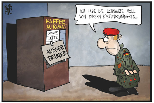 Cartoon: Rüstungsmängel (medium) by Kostas Koufogiorgos tagged karikatur,koufogiorgos,illustration,cartoon,bundeswehr,soldat,kaffee,automat,rüstung,rüstungsmängel,militär,ausrüstung,armee,politik,karikatur,koufogiorgos,illustration,cartoon,bundeswehr,soldat,kaffee,automat,rüstung,rüstungsmängel,militär,ausrüstung,armee,politik