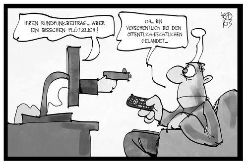 Cartoon: Rundfunkbeitrag (medium) by Kostas Koufogiorgos tagged karikatur,koufogiorgos,illustration,cartoon,verfassung,rundfunkbeitrag,michel,fernsehen,zuschauer,medien,waffe,bedrohung,erpressung,fernbedienung,geld,gebühr,verbraucher,abgabe,karikatur,koufogiorgos,illustration,cartoon,verfassung,rundfunkbeitrag,michel,fernsehen,zuschauer,medien,waffe,bedrohung,erpressung,fernbedienung,geld,gebühr,verbraucher,abgabe