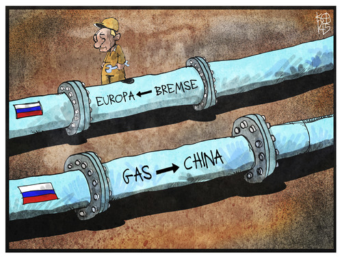 Cartoon: Russisches Gas (medium) by Kostas Koufogiorgos tagged karikatur,koufogiorgos,illustration,cartoon,gas,pipeline,gazprom,putin,russland,china,energie,vertrag,europa,bremse,leitung,wirtschaft,gasvertrag,karikatur,koufogiorgos,illustration,cartoon,gas,pipeline,gazprom,putin,russland,china,energie,vertrag,europa,bremse,leitung,wirtschaft,gasvertrag