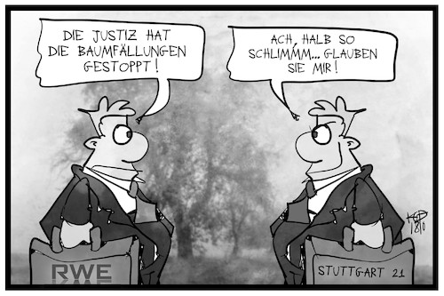 Cartoon: RWE und S21 (medium) by Kostas Koufogiorgos tagged karikatur,koufogiorgos,illustration,cartoon,rwe,s21,stuttgart,schlossgarten,hambacherf,forst,wald,baum,fällung,rodung,braunkohle,bahn,energie,bahnhof,justiz,korruption,protest,karikatur,koufogiorgos,illustration,cartoon,rwe,s21,stuttgart,schlossgarten,hambacherf,forst,wald,baum,fällung,rodung,braunkohle,bahn,energie,bahnhof,justiz,korruption,protest