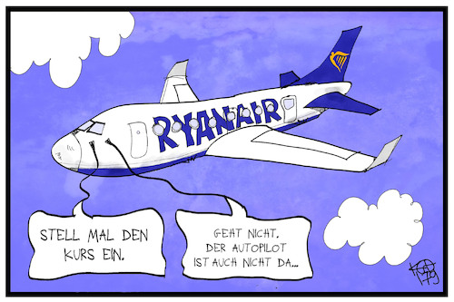 Cartoon: Ryanair (medium) by Kostas Koufogiorgos tagged karikatur,koufogiorgos,illustration,cartoon,ryanair,autopilot,flugzeug,fluglinie,streik,wirtschaft,beruf,arbeit,karikatur,koufogiorgos,illustration,cartoon,ryanair,autopilot,flugzeug,fluglinie,streik,wirtschaft,beruf,arbeit