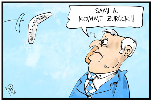 Cartoon: Sami A. (medium) by Kostas Koufogiorgos tagged karikatur,koufogiorgos,illustration,cartoon,sami,seehofer,boomerang,asylpolitik,abschiebung,karikatur,koufogiorgos,illustration,cartoon,sami,seehofer,boomerang,asylpolitik,abschiebung