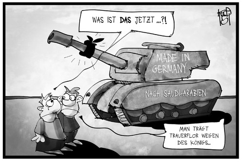 Cartoon: Saudi-Arabien (medium) by Kostas Koufogiorgos tagged wirtschaft,könig,trauerflor,geschäft,export,handel,deutschland,germany,panzer,industrie,rüstung,lobby,waffen,arabien,saudi,cartoon,illustration,koufogiorgos,karikatur,karikatur,koufogiorgos,illustration,cartoon,saudi,arabien,waffen,lobby,rüstung,industrie,panzer,germany,deutschland,handel,export,geschäft,trauerflor,könig,wirtschaft