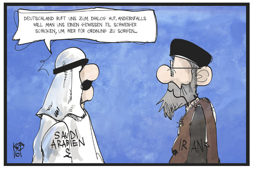 Cartoon: Saudi-Arabien und Iran (medium) by Kostas Koufogiorgos tagged karikatur,koufogiorgos,illustration,cartoon,iran,saudi,arabien,dialog,diplomatie,konflikt,tatort,til,schweiger,tschiller,polizei,karikatur,koufogiorgos,illustration,cartoon,iran,saudi,arabien,dialog,diplomatie,konflikt,tatort,til,schweiger,tschiller,polizei