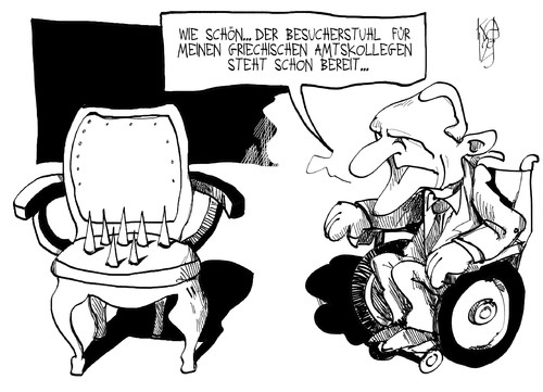 Cartoon: Schäuble empfängt Stournaras (medium) by Kostas Koufogiorgos tagged schäuble,stournaras,griechenland,euro,schulden,krise,finanzminister,stuhl,karikatur,kostas,koufogiorgos,schäuble,stournaras,griechenland,euro,schulden,krise,finanzminister,stuhl,karikatur,kostas,koufogiorgos