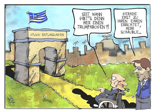 Cartoon: Schäuble in Athen (medium) by Kostas Koufogiorgos tagged schäuble,samaras,athen,protest,triumphbogen,antike,entlassungen,arbeit,karikatur,koufogiorgos,europa,krise,schäuble,samaras,athen,protest,triumphbogen,antike,entlassungen,arbeit,karikatur,koufogiorgos,europa,krise