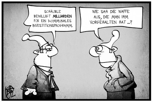 Cartoon: Schäuble investiert (medium) by Kostas Koufogiorgos tagged karikatur,koufogiorgos,illustration,cartoon,schäuble,geld,investition,waffe,michel,deutschland,erpressung,karikatur,koufogiorgos,illustration,cartoon,schäuble,geld,investition,waffe,michel,deutschland,erpressung