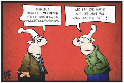 Cartoon: Schäuble investiert (medium) by Kostas Koufogiorgos tagged karikatur,koufogiorgos,illustration,cartoon,schäuble,geld,investition,waffe,michel,deutschland,erpressung,karikatur,koufogiorgos,illustration,cartoon,schäuble,geld,investition,waffe,michel,deutschland,erpressung