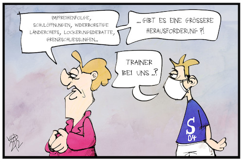 Cartoon: Schalke 04 (medium) by Kostas Koufogiorgos tagged karikatur,koufogiorgos,illustration,cartoon,trainer,schalke,merkel,fussball,verein,job,schwierigkeit,herausforderung,karikatur,koufogiorgos,illustration,cartoon,trainer,schalke,merkel,fussball,verein,job,schwierigkeit,herausforderung