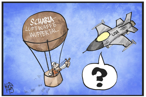 Cartoon: Scharia-Luftwaffe Wuppertal (medium) by Kostas Koufogiorgos tagged karikatur,koufogiorgos,illustration,cartoon,is,islamischer,staat,wuppertal,scharia,luftwaffe,krieg,militär,flugzeug,ballon,steinschleuder,terrorismus,angriff,politik,karikatur,koufogiorgos,illustration,cartoon,is,islamischer,staat,wuppertal,scharia,luftwaffe,krieg,militär,flugzeug,ballon,steinschleuder,terrorismus,angriff,politik