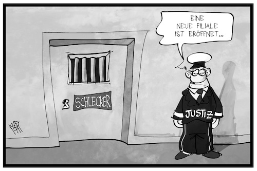 Cartoon: Schlecker-Urteil (medium) by Kostas Koufogiorgos tagged karikatur,koufogiorgos,illustration,cartoon,schlecker,drogeriekoenig,filiale,haft,gefaengnis,wirtschaft,insolvenz,pleite,urteil,justiz,zelle,karikatur,koufogiorgos,illustration,cartoon,schlecker,drogeriekoenig,filiale,haft,gefaengnis,wirtschaft,insolvenz,pleite,urteil,justiz,zelle