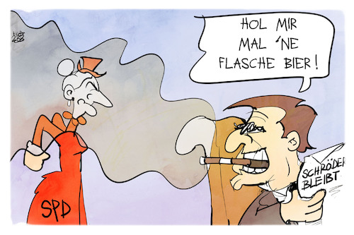 Cartoon: Schröder bleibt in der SPD (medium) by Kostas Koufogiorgos tagged karikatur,koufogiorgos,schroeder,spd,bier,partei,mann,frau,karikatur,koufogiorgos,schroeder,spd,bier,partei,mann,frau