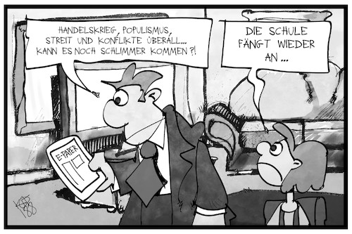 Cartoon: Schulanfang (medium) by Kostas Koufogiorgos tagged karikatur,koufogiorgos,illustration,cartoon,vater,tochter,kind,schülerin,familie,schule,nachrichten,bildung,wirtschaft,konflikte,karikatur,koufogiorgos,illustration,cartoon,vater,tochter,kind,schülerin,familie,schule,nachrichten,bildung,wirtschaft,konflikte