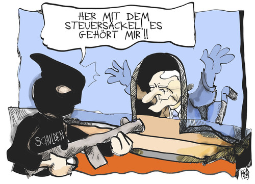 Cartoon: Schulden und Steuereinnahmen (medium) by Kostas Koufogiorgos tagged steuern,schulden,säckel,schäuble,raub,überfall,geld,karikatur,kostas,koufogiorgos,steuern,schulden,säckel,schäuble,raub,überfall,geld,karikatur,kostas,koufogiorgos