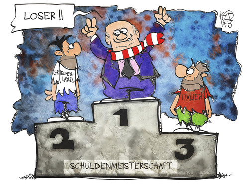 Cartoon: Schuldenmeisterschaft (medium) by Kostas Koufogiorgos tagged illustration,karikatur,koufogiorgos,cartoon,hoeneß,steuern,steuermeisterschaft,bayern,griechenland,italien,geld,betrug,steuerbetrug,sieger,gewinner,treppchen,illustration,karikatur,koufogiorgos,cartoon,hoeneß,steuern,steuermeisterschaft,bayern,griechenland,italien,geld,betrug,steuerbetrug,sieger,gewinner,treppchen