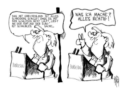 Cartoon: Schuldfragen (medium) by Kostas Koufogiorgos tagged merkel,bundestag,generaldebatte,schuldfrage,schröder,regierung,koalition,fdp