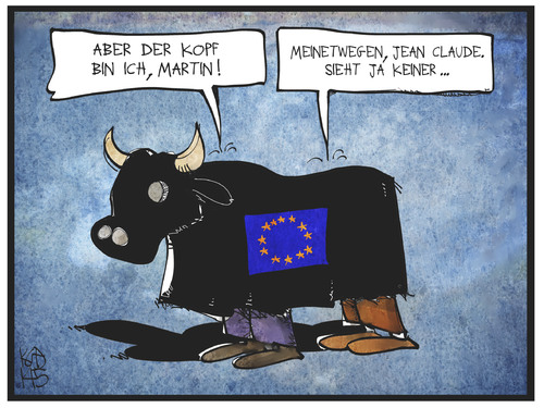 Cartoon: Schulz und Juncker (medium) by Kostas Koufogiorgos tagged karikatur,koufogiorgos,illustration,cartoon,juncker,schulz,europa,eu,stier,kommission,präsident,kopf,kandidat,politik,karikatur,koufogiorgos,illustration,cartoon,juncker,schulz,europa,eu,stier,kommission,präsident,kopf,kandidat,politik