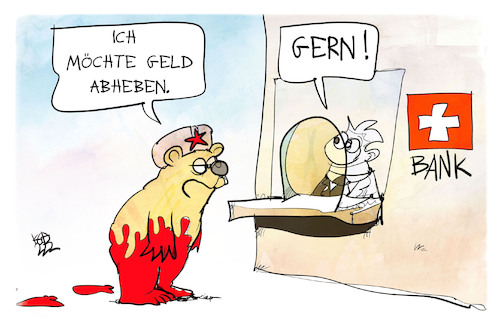 Cartoon: Schweiz (medium) by Kostas Koufogiorgos tagged karikatur,koufogiorgos,schweiz,russland,bär,bank,sanktionen,geld,blut,karikatur,koufogiorgos,schweiz,russland,bär,bank,sanktionen,geld,blut
