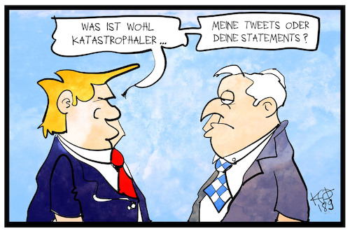 Cartoon: Seehofer und Trump (medium) by Kostas Koufogiorgos tagged karikatur,koufogiorgos,illustration,cartoon,trump,seehofer,twitter,tweets,politik,csu,katastrophe,diplomatie,karikatur,koufogiorgos,illustration,cartoon,mutti,problem,migration,neonazi,rechtsextremismus,merkel,seehofer,veränderung,trump,tweet,tweeter