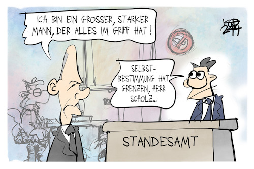 Cartoon: Selbstbestimmungsgesetz (medium) by Kostas Koufogiorgos tagged karikatur,koufogiorgos,selbstbestimmung,standesamt,scholz,mann,karikatur,koufogiorgos,selbstbestimmung,standesamt,scholz,mann