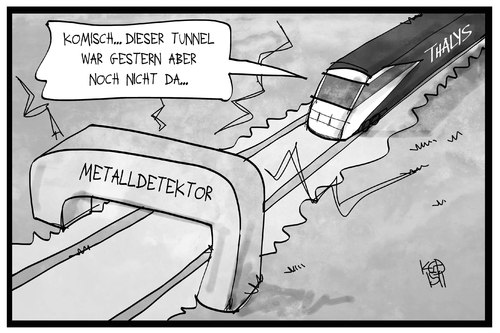 Cartoon: Sicherheit in Zügen (medium) by Kostas Koufogiorgos tagged karikatur,koufogiorgos,illustration,cartoon,sicherheit,thalys,zug,metalldetektor,kontrolle,verkehr,sicherheitsmaßnahme,frankreich,karikatur,koufogiorgos,illustration,cartoon,sicherheit,thalys,zug,metalldetektor,kontrolle,verkehr,sicherheitsmaßnahme,frankreich