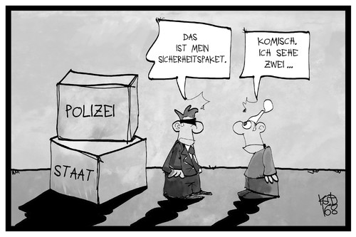 Cartoon: Sicherheitspaket (medium) by Kostas Koufogiorgos tagged karikatur,koufogiorgos,illustration,cartoon,de,maiziere,sicherheitspaket,polizei,staat,überwachung,innenminister,politik,terrorangst,karikatur,koufogiorgos,illustration,cartoon,de,maiziere,sicherheitspaket,polizei,staat,überwachung,innenminister,politik,terrorangst