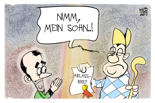 Cartoon: Söder und Aiwanger (medium) by Kostas Koufogiorgos tagged karikatur,koufogiorgos,söder,aiwanger,ablass,kirche,katholisch,handel,karikatur,koufogiorgos,söder,aiwanger,ablass,kirche,katholisch,handel