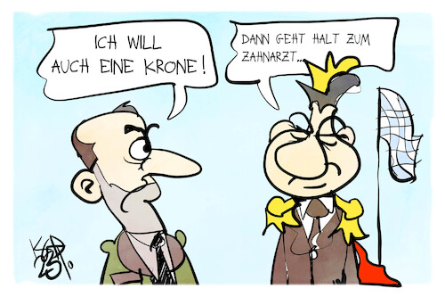 Cartoon: Söder und Aiwanger (medium) by Kostas Koufogiorgos tagged karikatur,koufogiorgos,söder,aiwanger,csu,bayern,freie,wähler,krone,könig,zahnarzt,karikatur,koufogiorgos,söder,aiwanger,csu,bayern,freie,wähler,krone,könig,zahnarzt