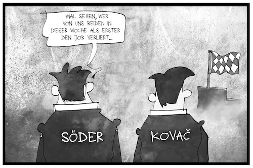 Cartoon: Söder und Kovac (medium) by Kostas Koufogiorgos tagged karikatur,koufogiorgos,illustration,cartoon,bayern,münchen,fussball,trainer,söder,wahl,sport,politik,job,landtagswahl,karikatur,koufogiorgos,illustration,cartoon,bayern,münchen,fussball,trainer,söder,wahl,sport,politik,job,landtagswahl