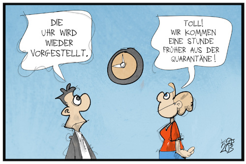 Cartoon: Sommerzeit (medium) by Kostas Koufogiorgos tagged karikatur,koufogiorgos,illustration,cartoon,sommerzeit,uhr,umstellen,quarantäne,verkürzt,corona,pandemie,karikatur,koufogiorgos,illustration,cartoon,sommerzeit,uhr,umstellen,quarantäne,verkürzt,corona,pandemie