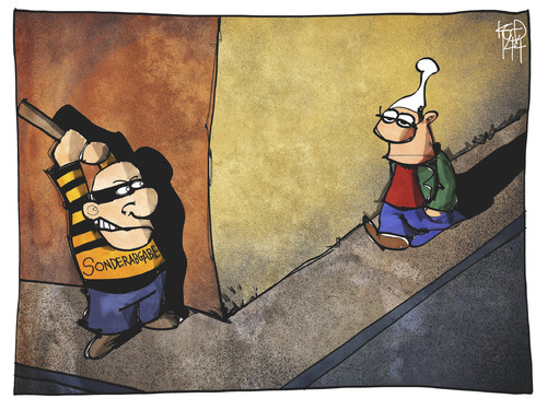 Cartoon: Sonderabgaben (medium) by Kostas Koufogiorgos tagged karikatur,koufogiorgos,cartoon,illustration,sonderabgabe,michel,überfall,räuber,geld,gebühr,politik,kriminalität,raub,karikatur,koufogiorgos,cartoon,illustration,sonderabgabe,michel,überfall,räuber,geld,gebühr,politik,kriminalität,raub