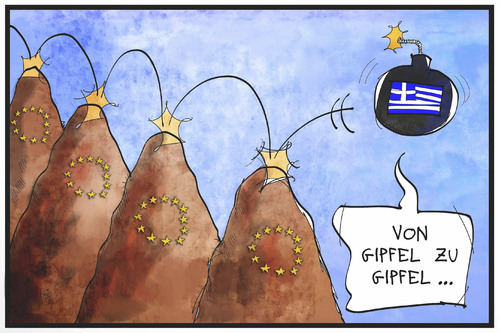 Cartoon: Sondergipfel Griechenland (medium) by Kostas Koufogiorgos tagged karikatur,koufogiorgos,illustration,cartoon,gipfel,sondergipfel,griechenland,eu,europa,bombe,berg,gebirge,politik,schuldenkrise,grexit,karikatur,koufogiorgos,illustration,cartoon,gipfel,sondergipfel,griechenland,eu,europa,bombe,berg,gebirge,politik,schuldenkrise,grexit