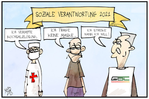 Cartoon: Soziale  Verantwortung 2021 (medium) by Kostas Koufogiorgos tagged karikatur,koufogiorgos,illustration,cartoon,gdl,streik,impfung,maske,verantwortung,karikatur,koufogiorgos,illustration,cartoon,gdl,streik,impfung,maske,verantwortung