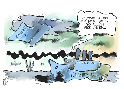 Cartoon: Spanien und Griechenland (medium) by Kostas Koufogiorgos tagged spanien,griechenland,euro,schulden,krise,untergang,schiff,wirtschaft,karikatur,kostas,koufogiorgos