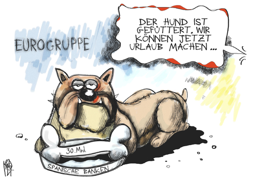 Cartoon: Spanische Banken (medium) by Kostas Koufogiorgos tagged spanien,bank,hund,urlaub,euro,schulden,krise,eurogruppe,finanzminister,gipfel,wirtschaft,karikatur,kostas,koufogiorgos,spanien,bank,hund,urlaub,euro,schulden,eurogruppe,finanzminister