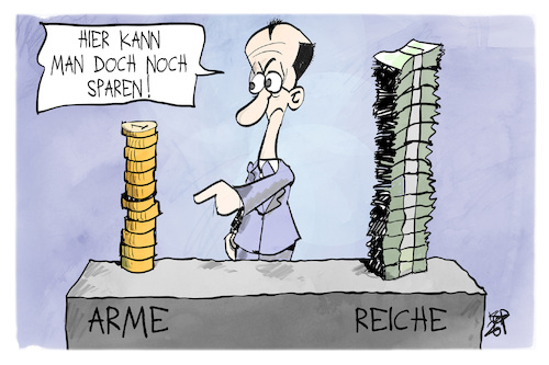 Cartoon: Sparmaßnahmen (medium) by Kostas Koufogiorgos tagged karikatur,koufogiorgos,sparmaßnahmen,merz,münzen,scheine,arm,reich,karikatur,koufogiorgos,sparmaßnahmen,merz,münzen,scheine,arm,reich