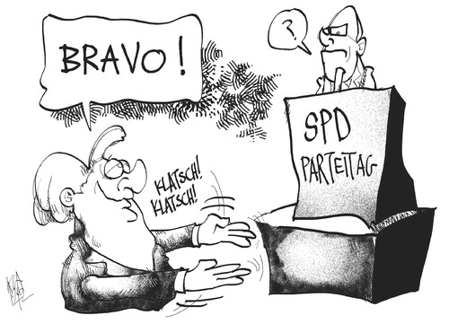 Cartoon: SPD-Parteitag (medium) by Kostas Koufogiorgos tagged merkel,steinbrück,kanzler,kandidat,parteitag,spd,wahl,bundestag,karikatur,kostas,koufogiorgos,merkel,steinbrück,kanzler,kandidat,parteitag,spd,wahl,bundestag,karikatur,kostas,koufogiorgos