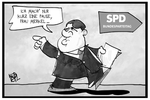 Cartoon: SPD-Parteitag (medium) by Kostas Koufogiorgos tagged karikatur,koufogiorgos,illustration,cartoon,spd,parteitag,gabriel,merkel,vorsitzender,partei,rede,pause,arbeit,karikatur,koufogiorgos,illustration,cartoon,spd,parteitag,gabriel,merkel,vorsitzender,partei,rede,pause,arbeit