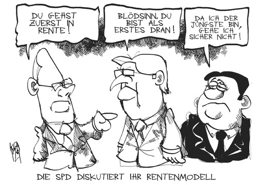 Cartoon: SPD-Rentendiskussion (medium) by Kostas Koufogiorgos tagged spd,troika,kandidat,kanzler,steinmeier,steinbrück,gabriel,rente,karikatur,kostas,koufogiorgos,spd,troika,kandidat,kanzler,steinmeier,steinbrück,gabriel,rente,karikatur,kostas,koufogiorgos