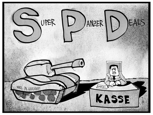 Cartoon: SPD-Rüstungsexporte (medium) by Kostas Koufogiorgos tagged karikatur,koufogiorgos,illustration,cartoon,rüstungsexport,wirtschaft,gabriel,spd,panzer,deal,kasse,verkauf,waffen,politik,karikatur,koufogiorgos,illustration,cartoon,rüstungsexport,wirtschaft,gabriel,spd,panzer,deal,kasse,verkauf,waffen,politik