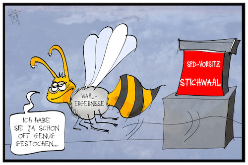 Cartoon: SPD-Stichwahl (medium) by Kostas Koufogiorgos tagged karikatur,koufogiorgos,illustration,cartoon,spd,stichwahl,vorsitz,biene,insekt,stechen,wahl,wahlergebnisse,demokratie,partei,sozialdemokraten,karikatur,koufogiorgos,illustration,cartoon,spd,stichwahl,vorsitz,biene,insekt,stechen,wahl,wahlergebnisse,demokratie,partei,sozialdemokraten